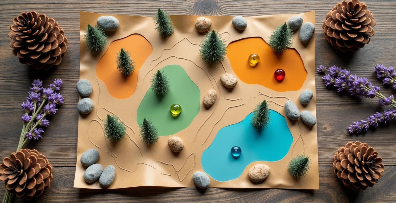 Vue aérienne stylisée d'un camping avec zones colorées montrant les meilleurs et pires emplacements