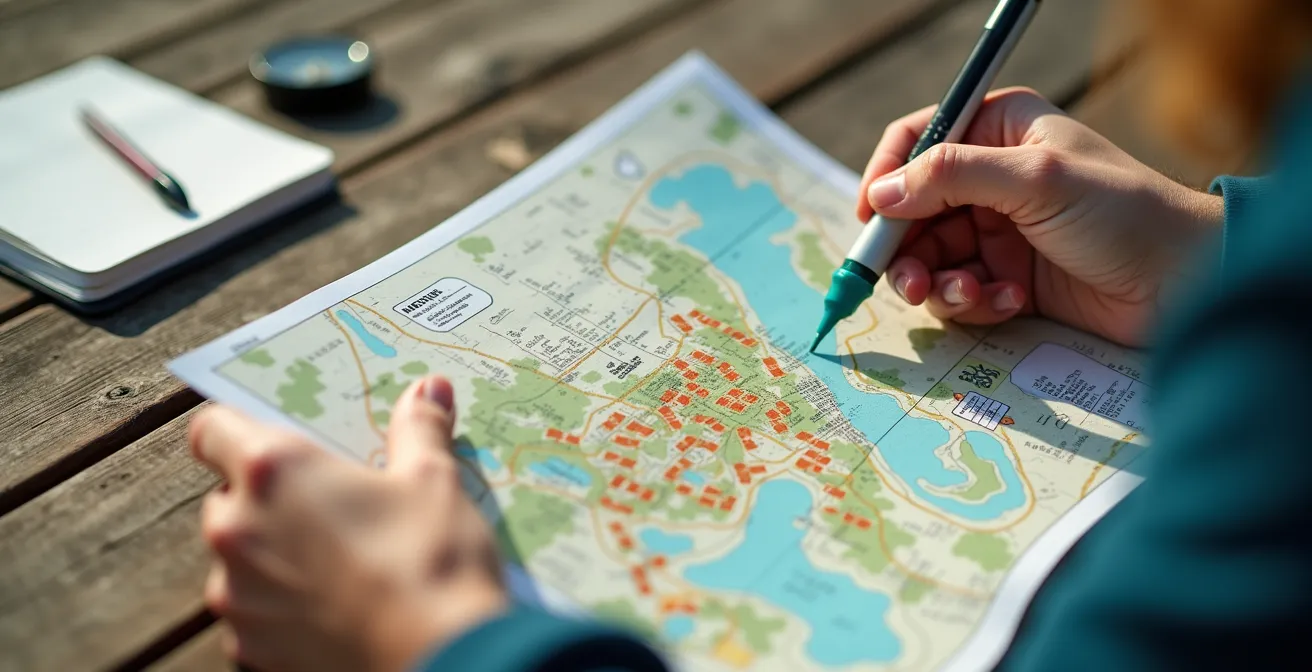 Vue aérienne d'un camping avec zones colorées montrant les nuisances et zones calmes