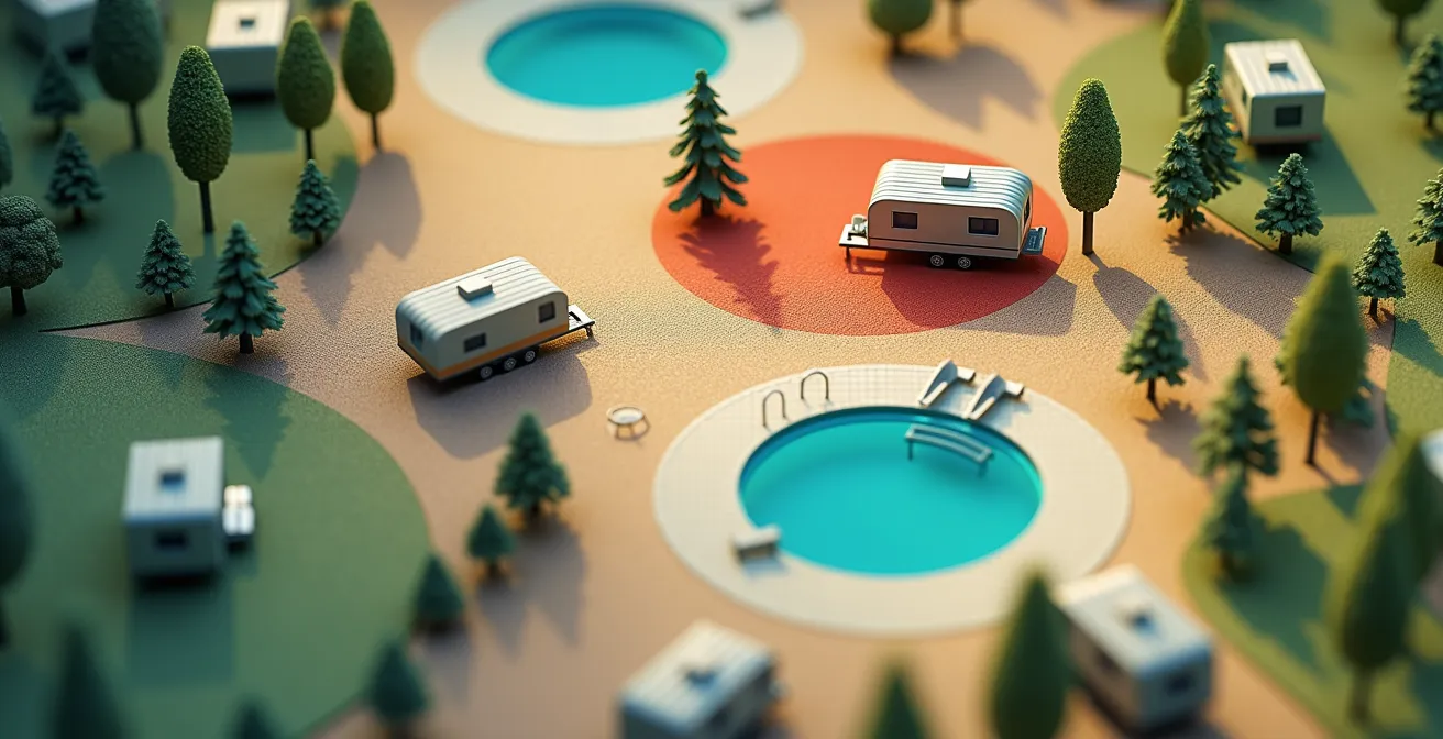 Plan aérien d'un camping avec zones colorées indiquant les meilleurs emplacements