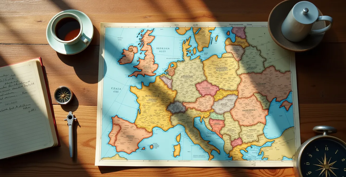 Vue d'ensemble minimaliste d'une table avec cartes et guides de voyage étalés