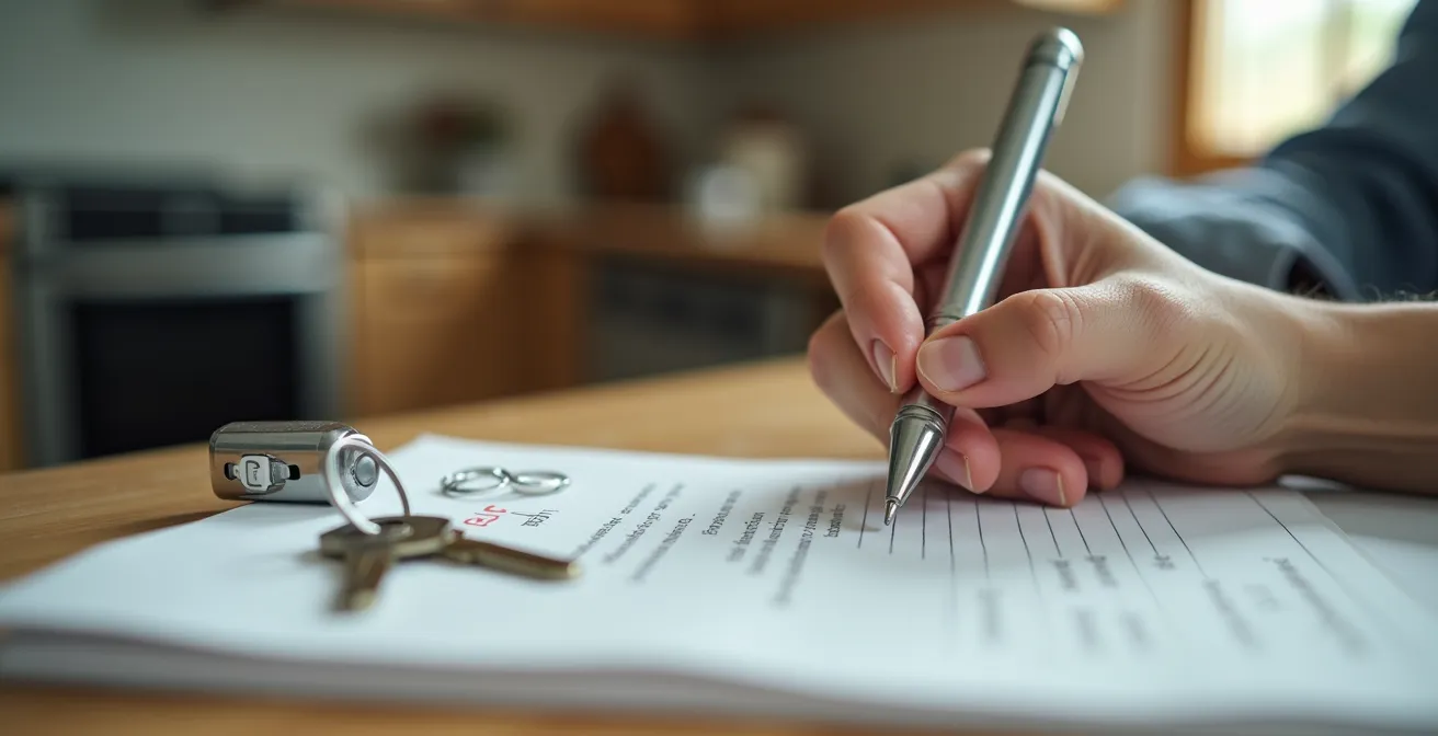 Main cochant une liste de vérification sur un bloc-notes avec clés de maison posées à côté