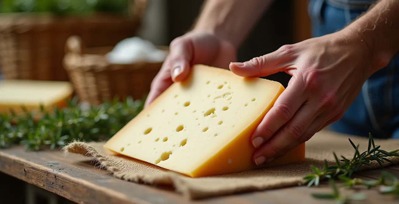 Gros plan sur les mains d'un fromager artisan manipulant un fromage de chèvre frais sur son étal de marché