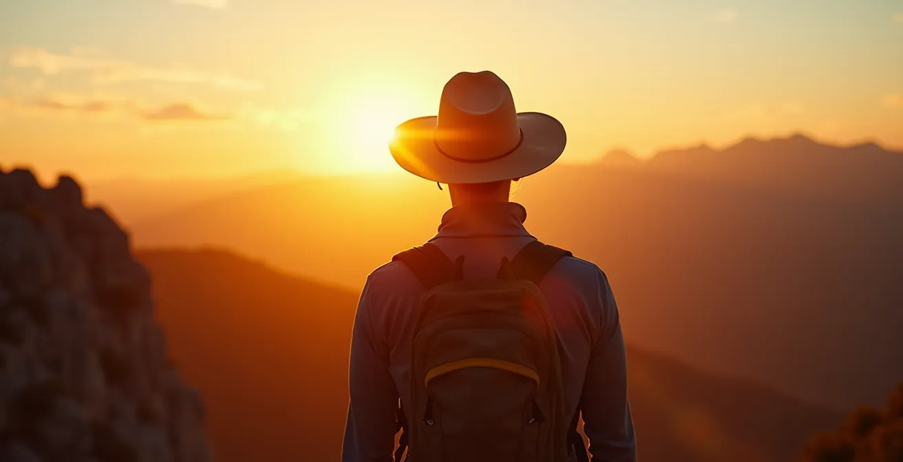 Randonneur de dos face au soleil couchant sur un sommet provençal