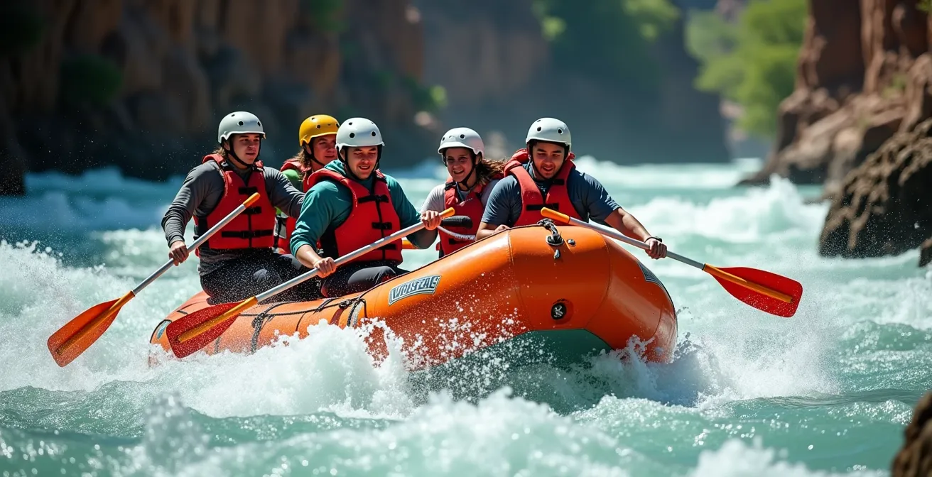 Groupe de rafting descendant les rapides turquoise du Verdon