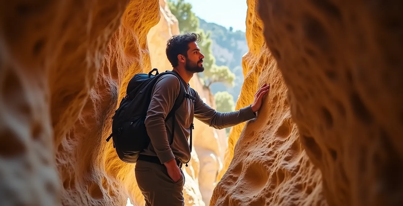 Randonneur traversant le défilé des Garambes entre les impressionnantes falaises de grès fracturées d'Annot