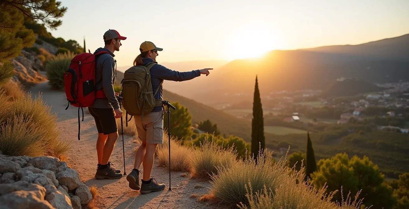 Randonneurs sur un sentier du Luberon avec vue panoramique sur les collines provençales