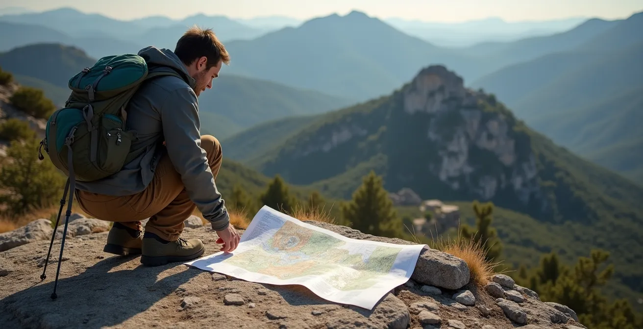 Randonneur étudiant une carte IGN sur un rocher avec vue panoramique montagne
