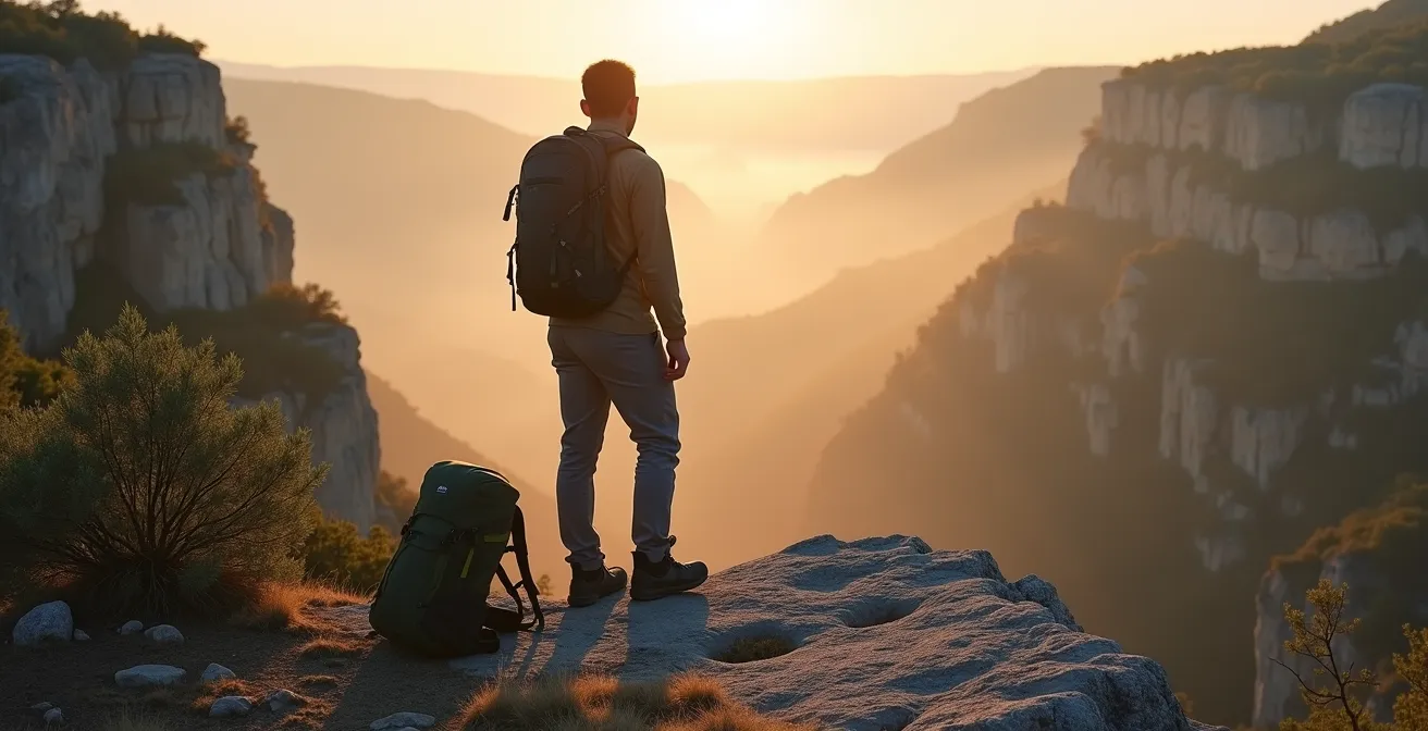 Randonneur solitaire contemplant les gorges du Verdon au lever du soleil