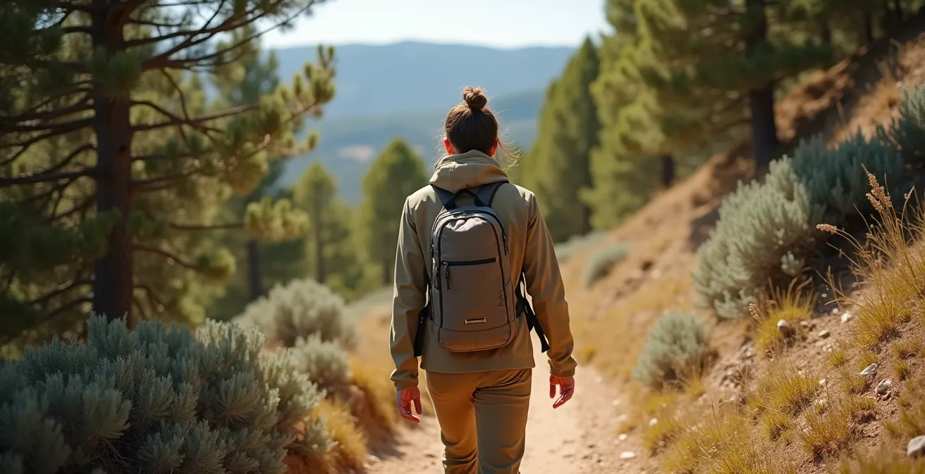 Randonneur de dos sur sentier provençal avec sac contenant déchets ramassés, nature intacte autour