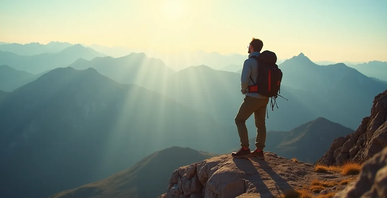 Randonneur solitaire au sommet d'un pic rocheux contemplant le panorama des Alpes-de-Haute-Provence