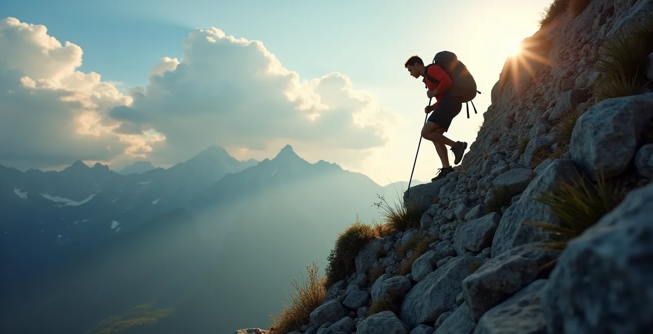 Randonneur équipé progressant sur une crête rocheuse étroite avec panorama à 360 degrés
