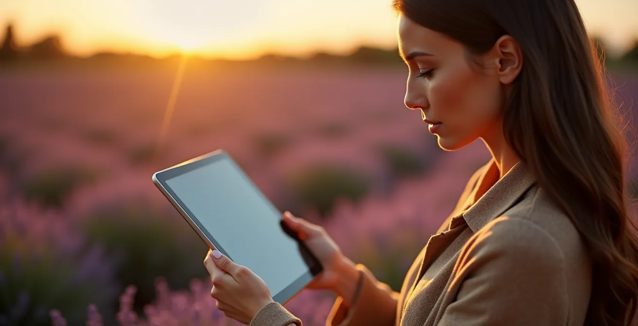 Personne consultant des disponibilités de camping sur tablette dans un cadre naturel