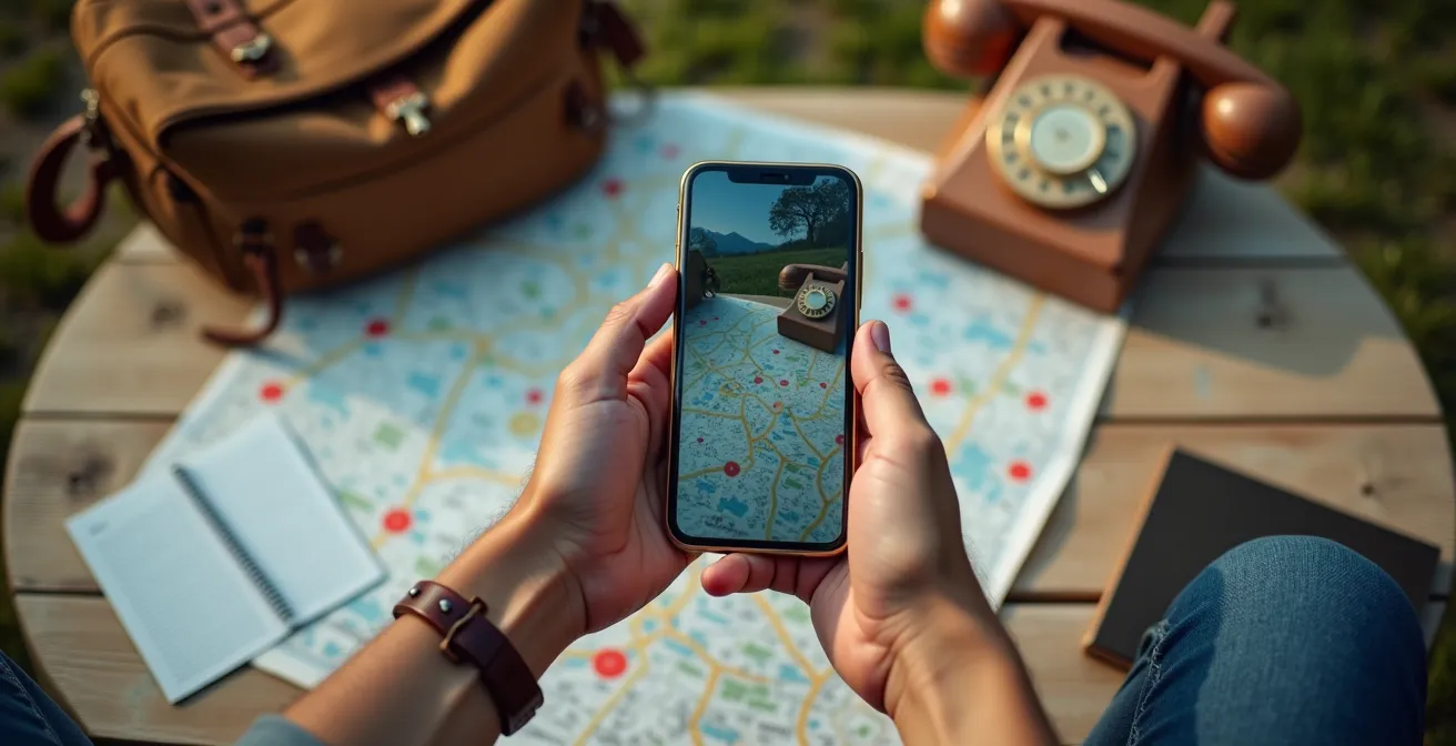 Personne consultant son téléphone avec carte de Provence et carnets de campings sur table en bois