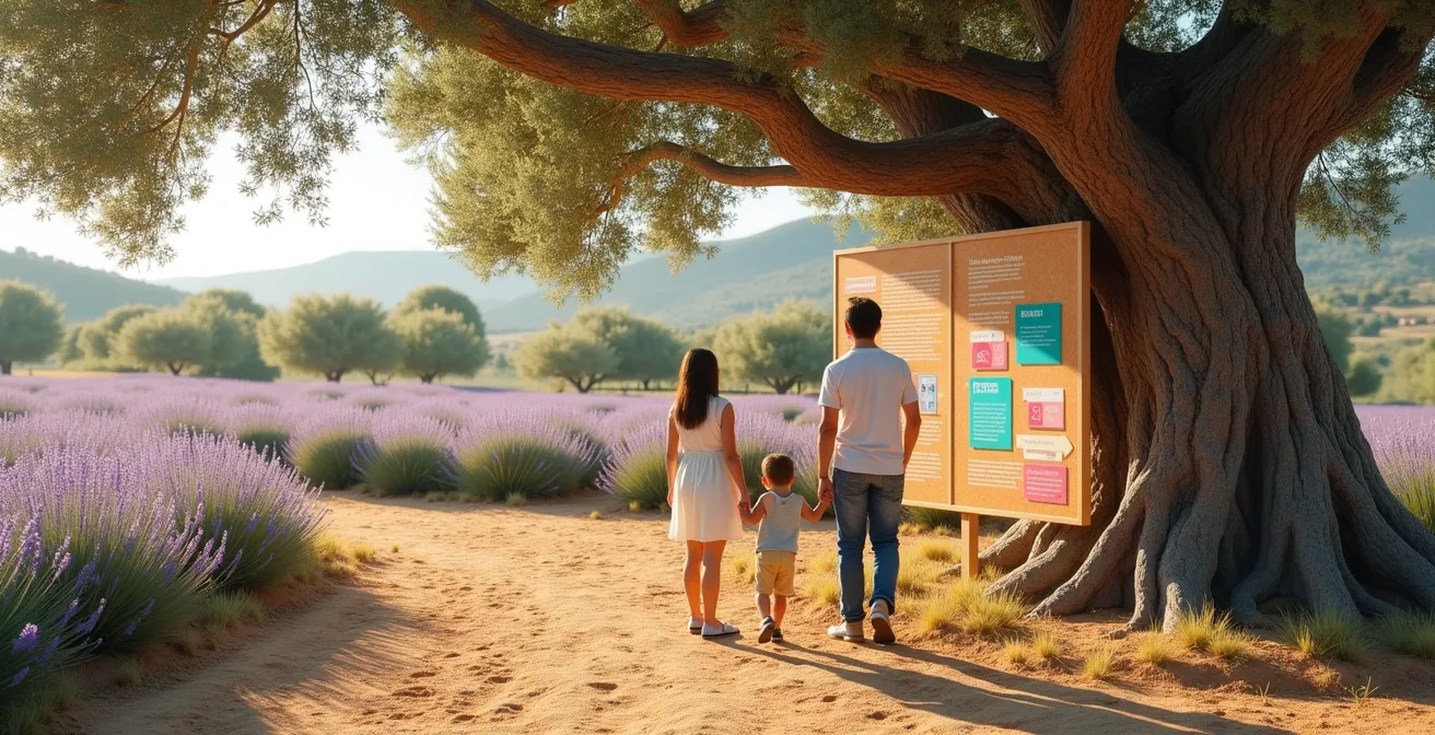 Parents et enfants découvrant ensemble le panneau d'affichage coloré du camping sous un olivier