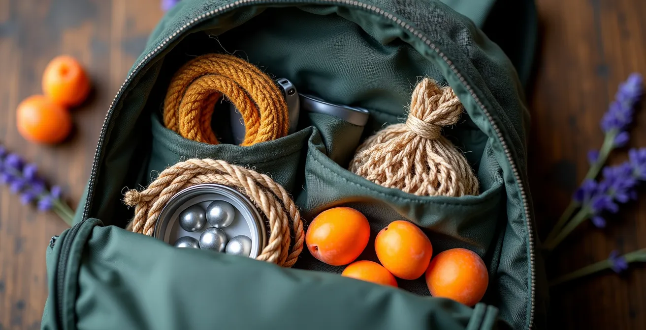 Vue en plongée d'un sac à dos ouvert révélant l'équipement de randonnée organisé