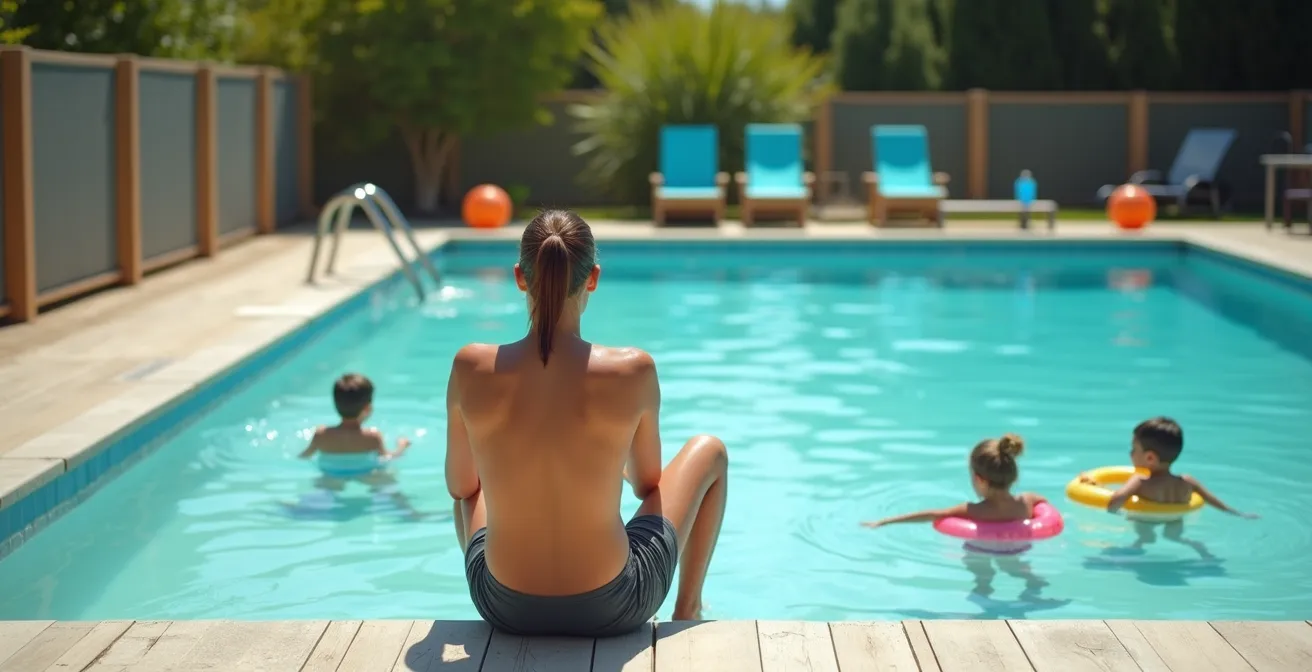Parent surveillant attentivement des enfants jouant dans une piscine de camping sécurisée