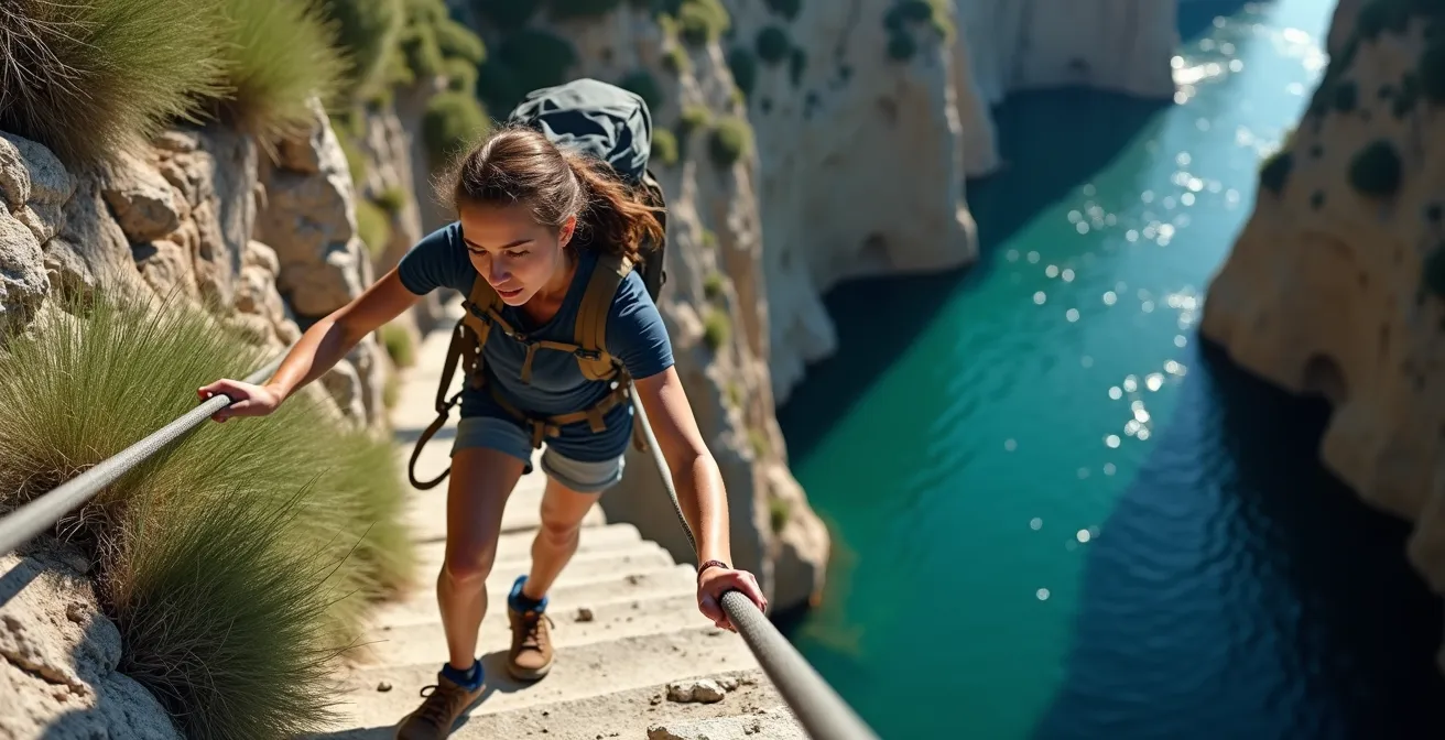 Passage technique équipé de câbles sur le sentier de l'Imbut surplombant le Verdon