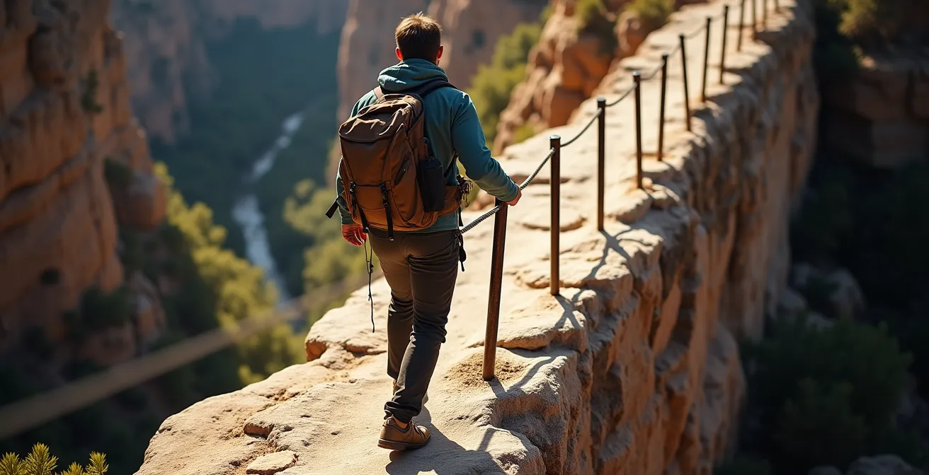 Randonneur traversant prudemment la Vire du Câble sur le sentier de l'Imbut avec main courante métallique