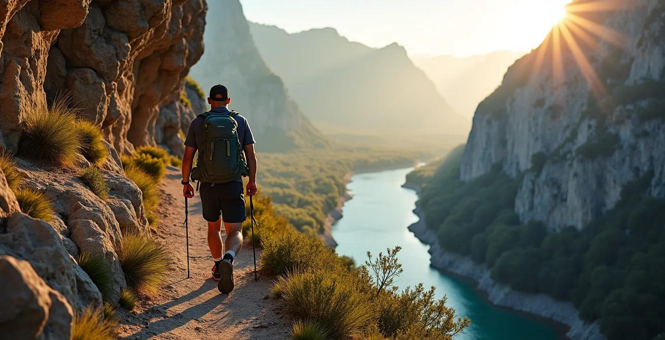 Randonneur solitaire sur un sentier escarpé des Gorges du Verdon dans la brume matinale