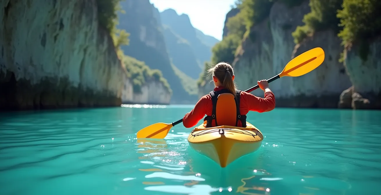 Kayakiste naviguant calmement sur les eaux turquoises du Verdon avec falaises en arrière-plan