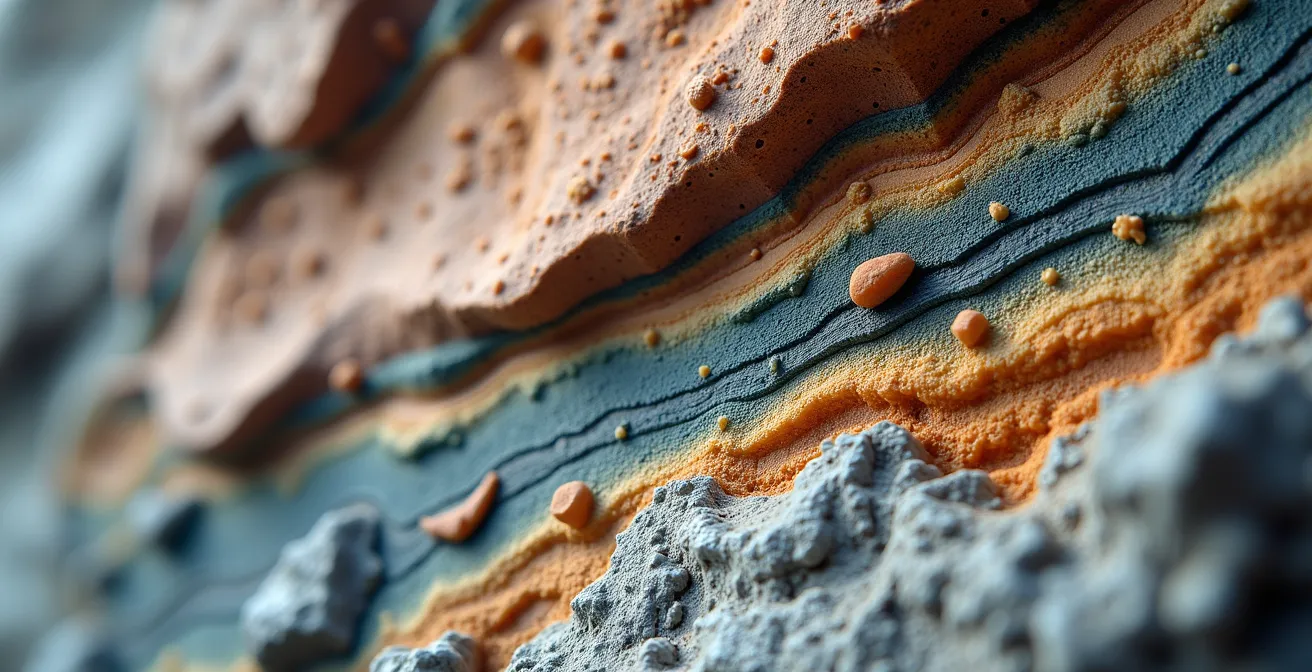 Coupe géologique montrant les différentes strates rocheuses et leurs plissements dans les Alpes