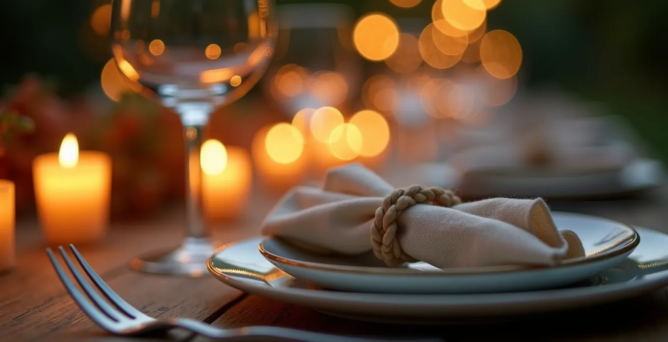 Table de pique-nique transformée en table romantique avec nappe, bougies LED et vaisselle élégante au crépuscule