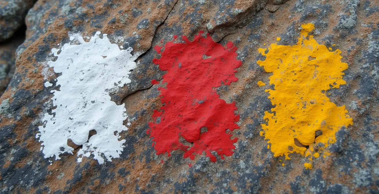Vue macro de différents marquages de balisage sur une surface rocheuse
