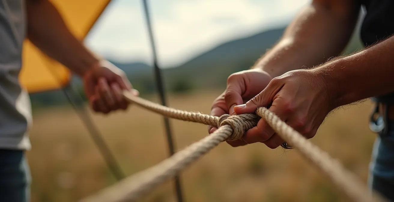 Mains expertes ajustant les haubans d'une tente avec la technique du nœud de tendeur