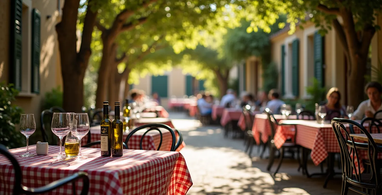 Terrasse de restaurant provençal authentique avec tables en fer forgé sous les platanes