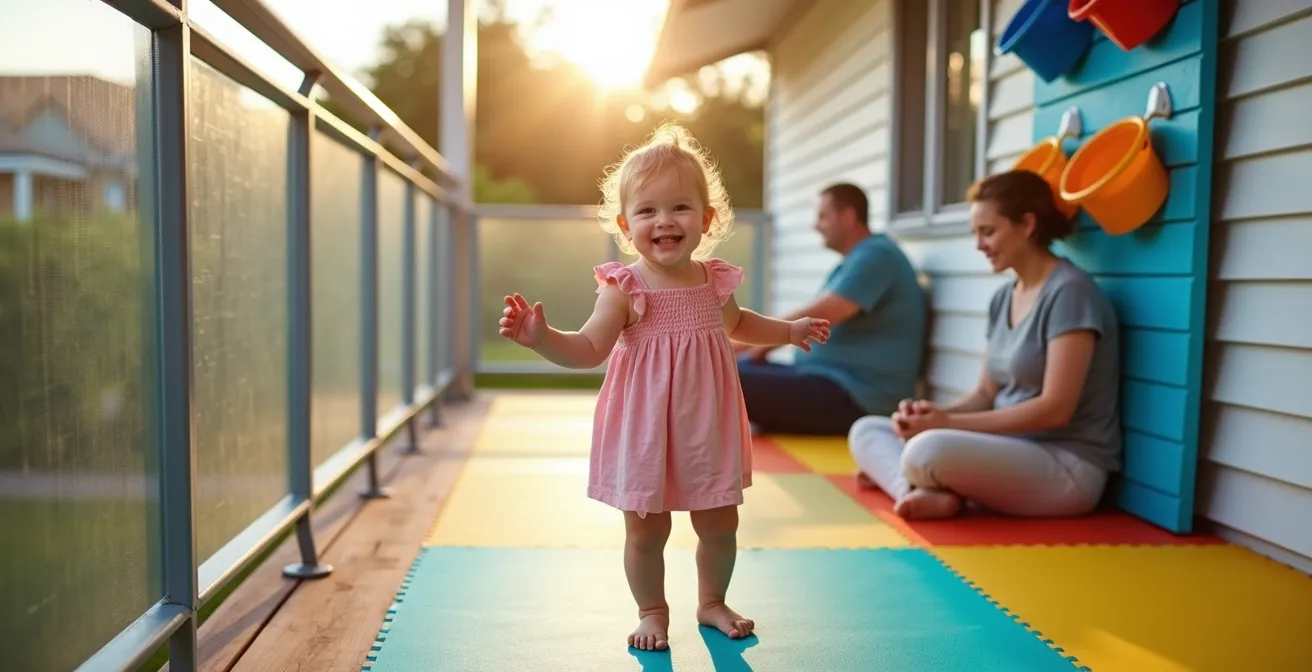 Aménagement sécurisé d'une terrasse de mobil-home pour enfants avec un espace de jeu coloré et des protections sur la rambarde.