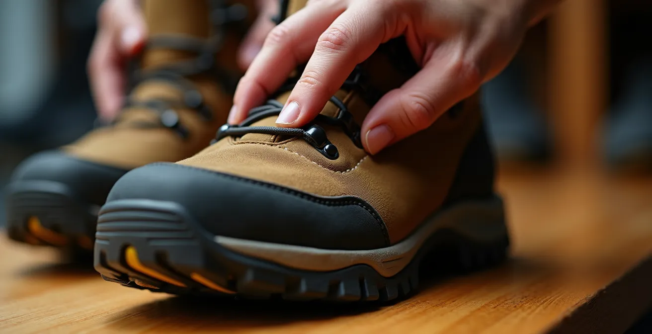 Mains testant la flexibilité d'une semelle de chaussure de randonnée en magasin