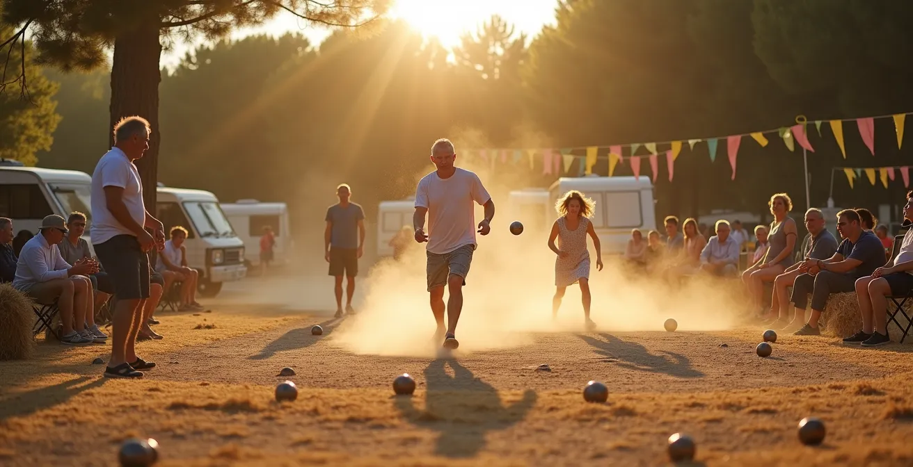 Tournoi de pétanque animé au camping avec joueurs multigénérationnels