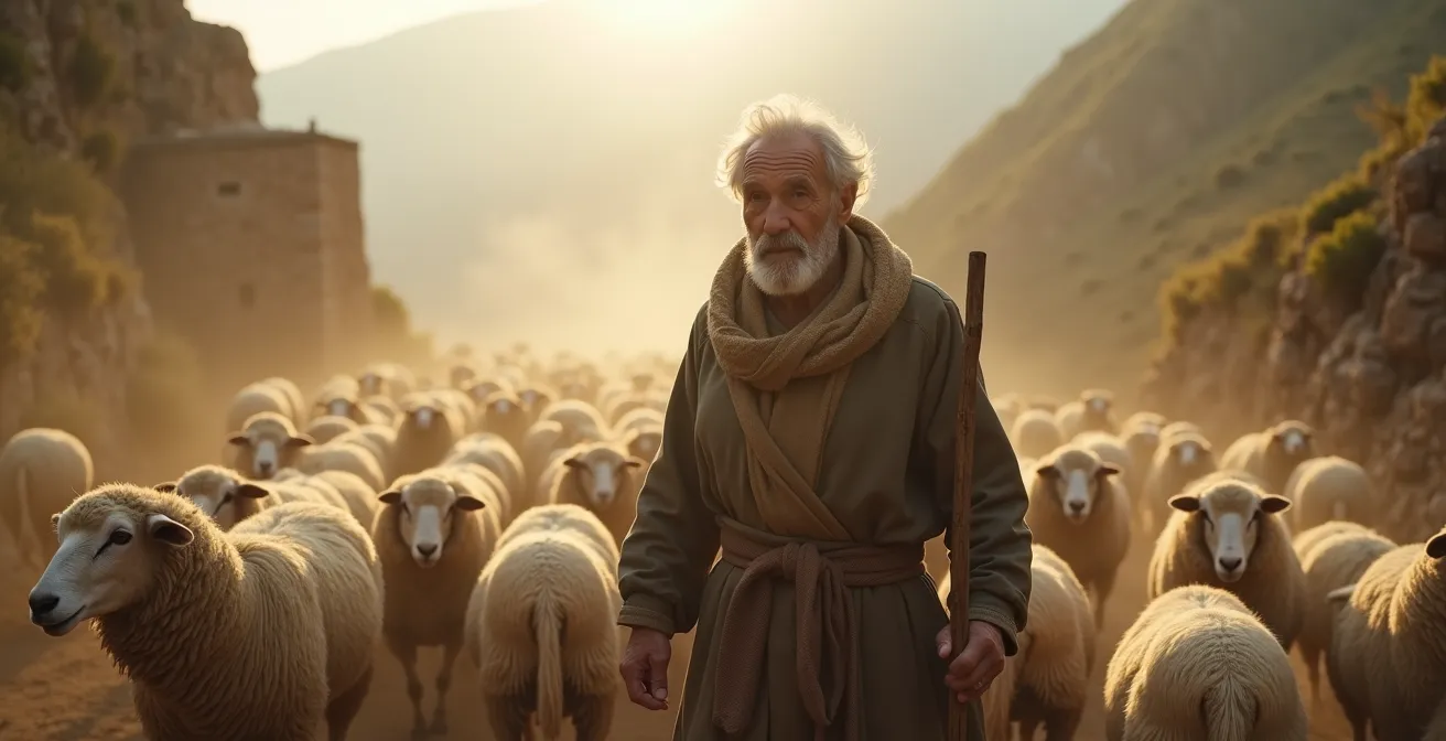 Transhumance traditionnelle avec berger et troupeau de moutons traversant un plateau montagnard au lever du soleil