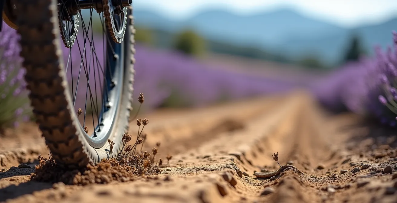 VTT traversant le plateau de Valensole entre lavandes et amandiers en fleurs