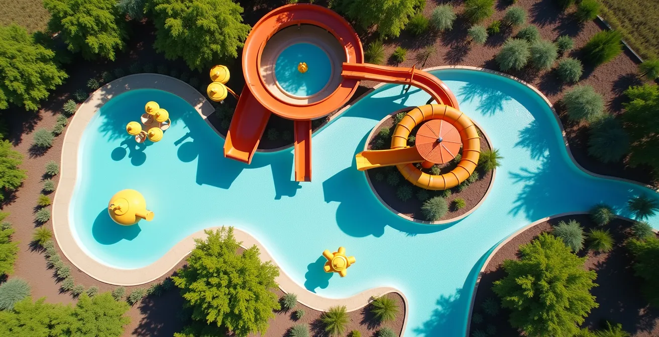 Vue aérienne d'un parc aquatique de camping montrant différentes zones selon les âges avec toboggans et bassins