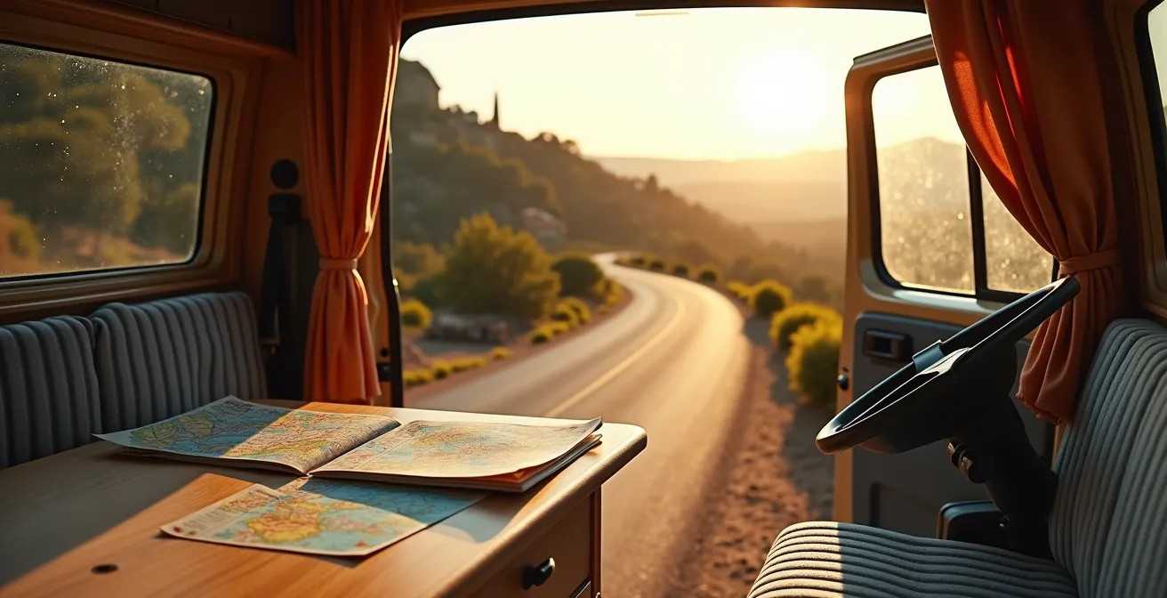 Van aménagé stationné sur une route panoramique avec vue sur les montagnes provençales