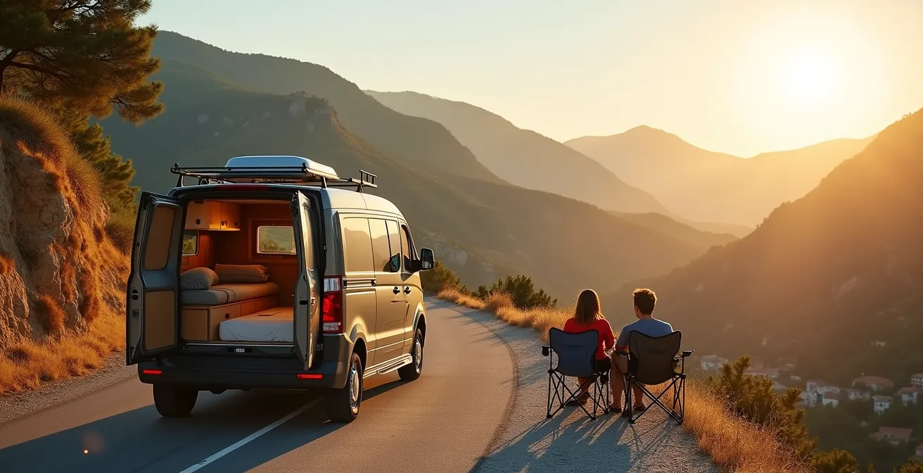 Van aménagé sur une route de montagne provençale avec vue panoramique