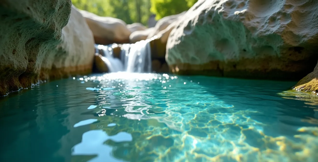 Vasque d'eau turquoise naturelle creusée dans la roche avec cascade en arrière-plan