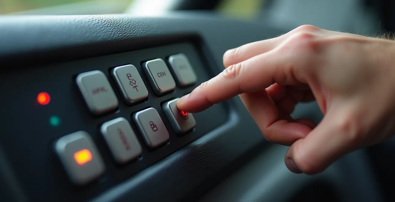 Gros plan sur des mains qui vérifient le tableau de bord et les niveaux d'un camping-car.