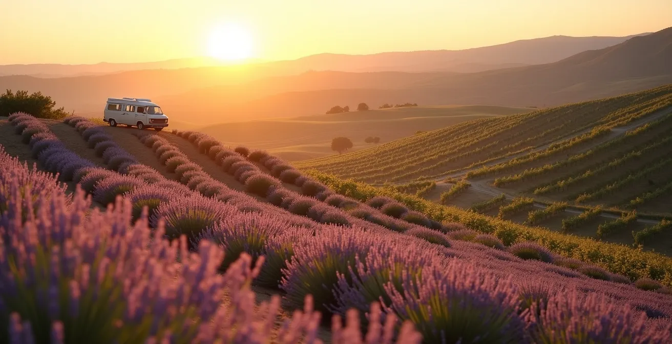 Vue panoramique du vignoble de Pierrevert en altitude avec lavandes au premier plan
