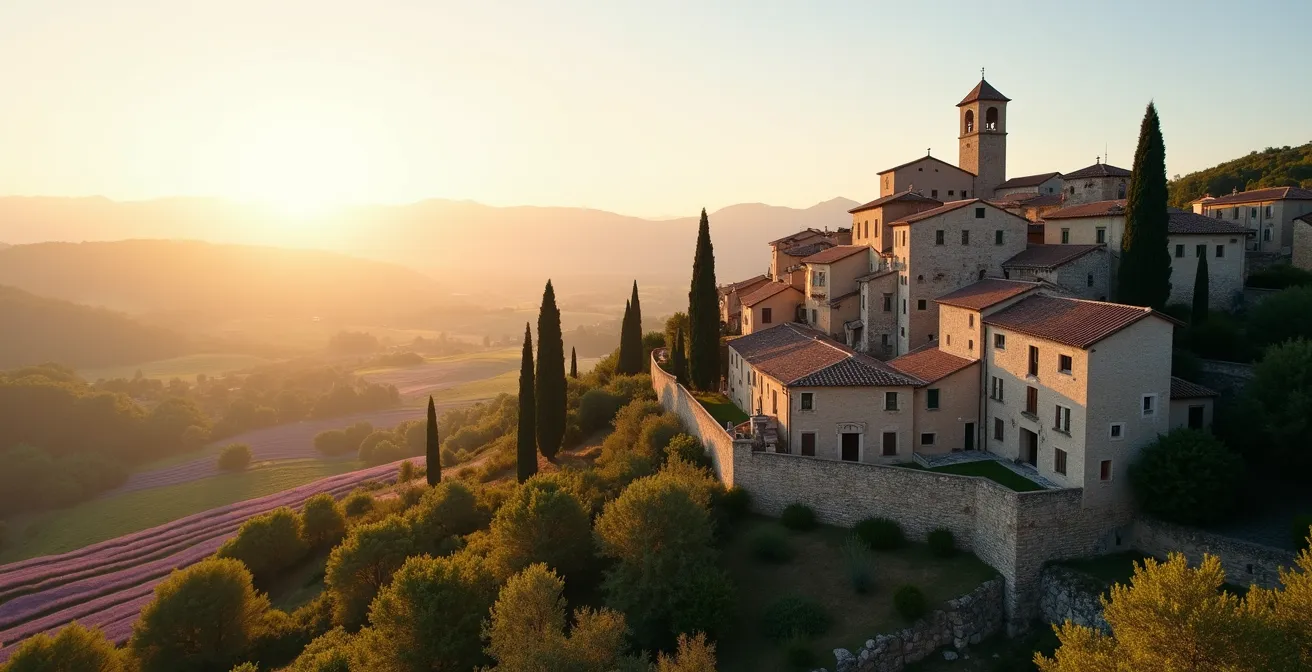 Village perché de Bonnieux en Provence baigné par la lumière dorée du soir