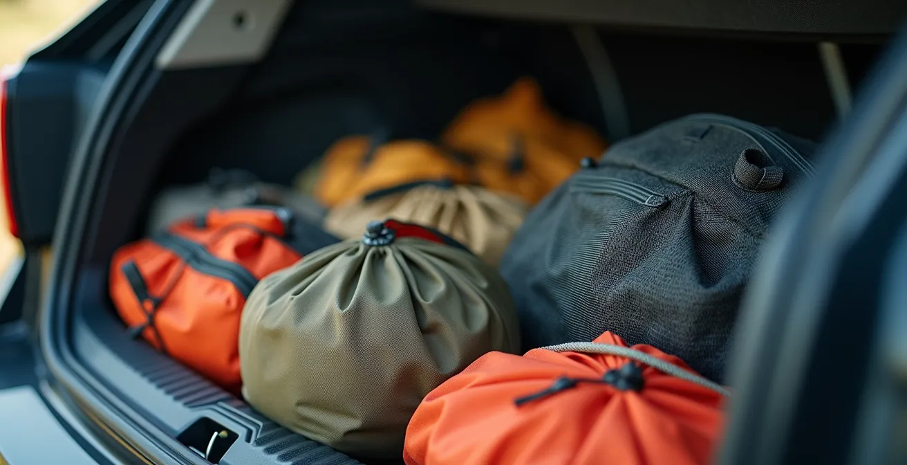 Vue arrière d'une voiture familiale chargée pour le camping avec organisation méthodique