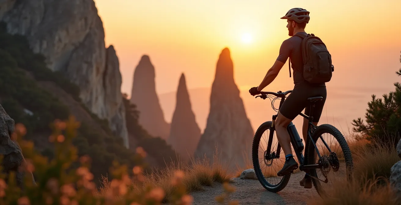 VTT électrique devant panorama des Pénitents des Mées au coucher de soleil