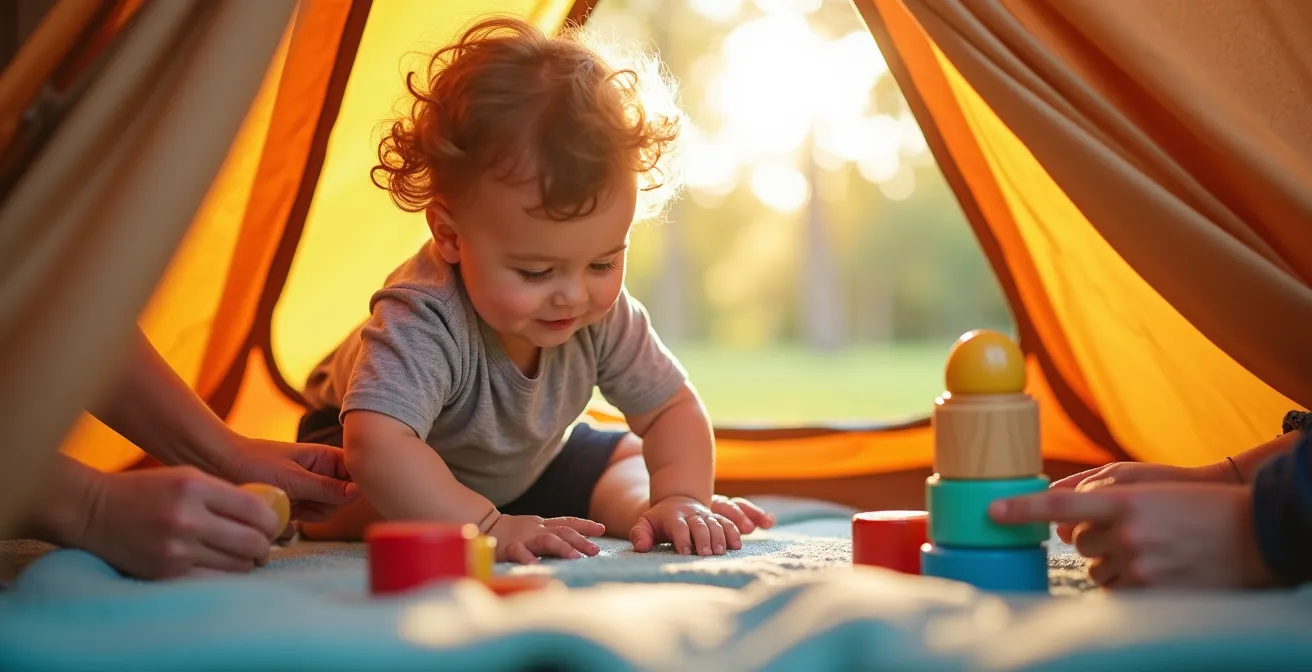 Espace de jeu sécurisé pour bébé en camping avec tente anti-UV et tapis isolant